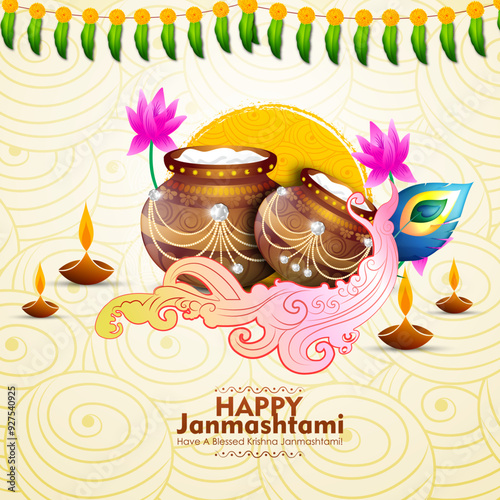 Celebrating happy Janmashtami festival of India with llustration of Lord Krishna playing bansuri (flute) and dahi handi competition with text in Hindi meaning 'Krishan Janmashtami'- vector background