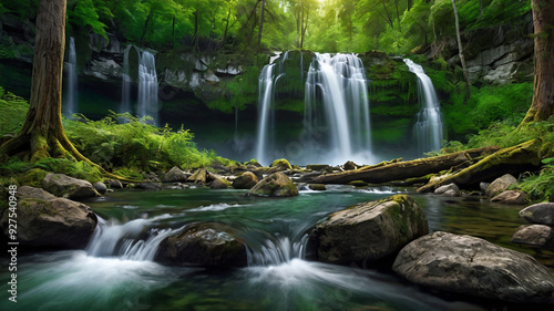 background view of a waterfall in the middle of a beautiful forest