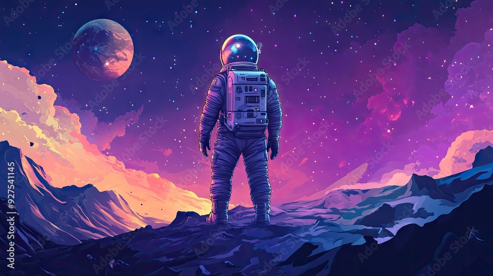 Vector illustration of an astronaut in a futuristic space suit, standing on the surface of a distant planet with a cosmic landscape in the background. Modern and engaging design.