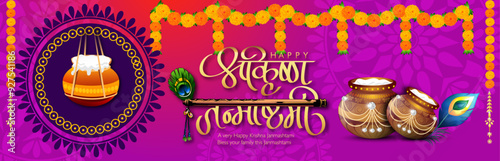 Celebrating happy Janmashtami festival of India with llustration of Lord Krishna playing bansuri (flute) and dahi handi competition with text in Hindi meaning 'Krishan Janmashtami'- vector background