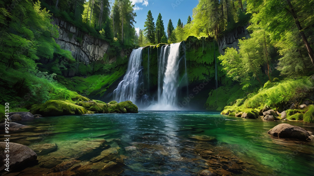 Fototapeta premium background view of a waterfall in the middle of a beautiful forest