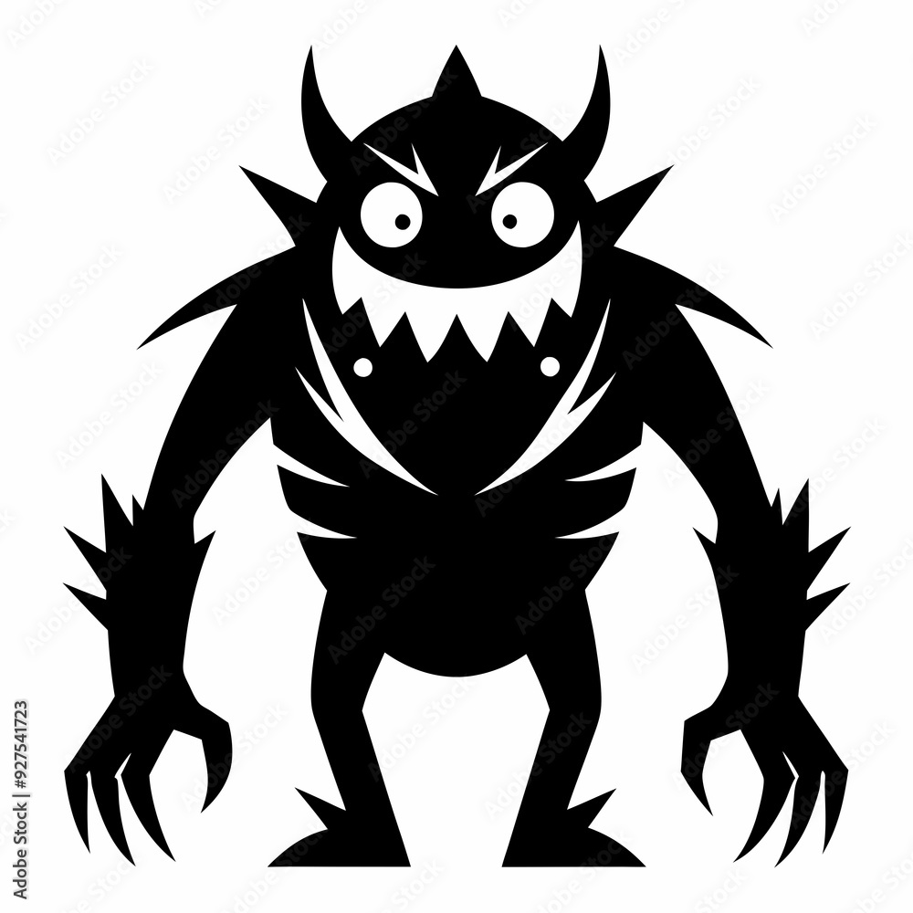 A black and white drawing of a monster silhouette