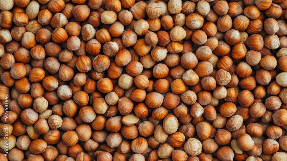 Background of hazelnuts nuts as situated arbitrarily, top view. Healthy snack