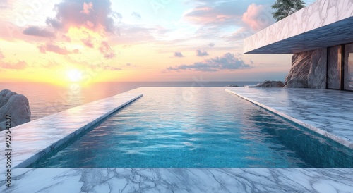 An empty marble pool gleams under the sunlight. The pristine decor highlights its grandeur, creating an atmosphere of refined elegance photo