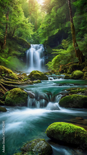 background view of a waterfall in the middle of a beautiful forest