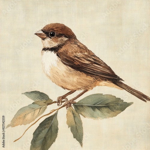 Vintage illustration of a sparrow perched on a branch with leaves in a delicate, naturalistic style.

