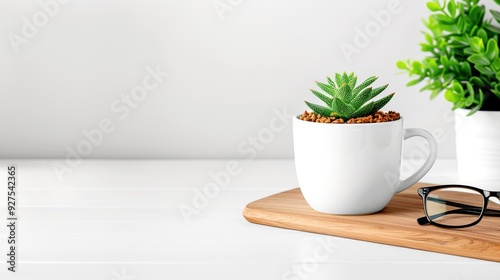 Minimalist workspace with a succulent plant in a white cup, glasses, and a wooden board on a white table.