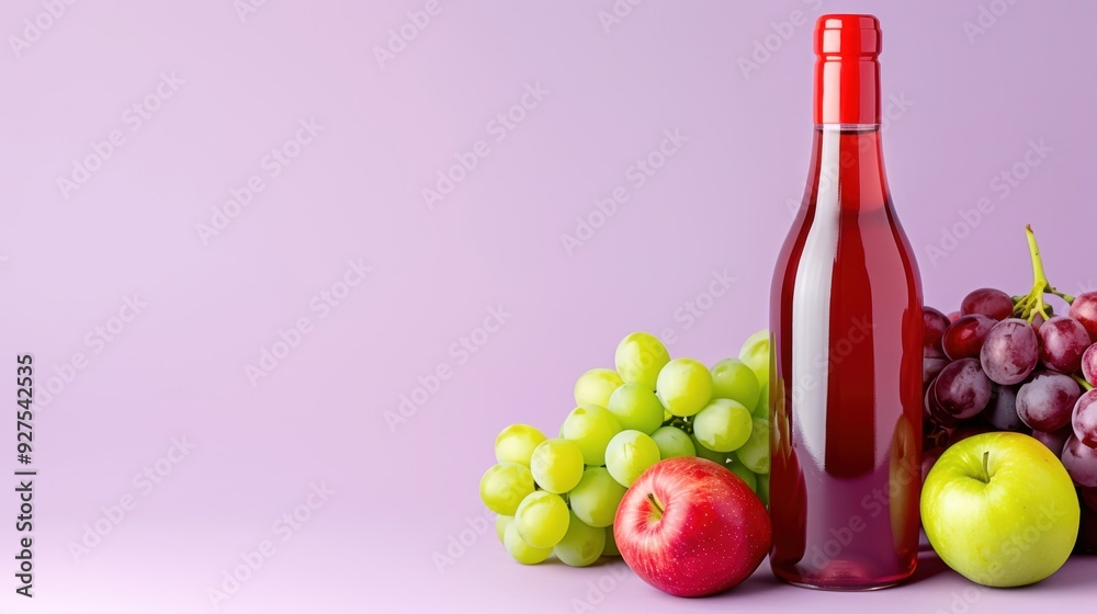 Obraz premium Red wine bottle with fresh green grapes, apples, and red grapes on a purple background. Perfect for wine and fruit-themed concepts.