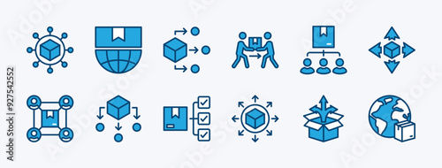 Set of package delivery distribution icon. Global shipping connection network business, shipment process management. Containing hierarchy, structure, mechanism, procedure. Vector illustration