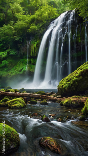 background view of a waterfall in the middle of a beautiful forest