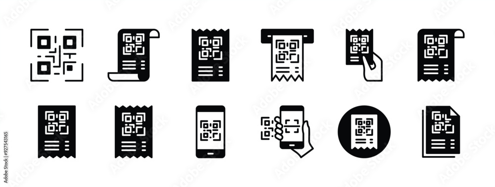 Receipt QR code or number icon set. Containing payment barcode, paying or purchase code scanning, mobile phone scanner. Vector illustration Receipt QR code or number icon set. Containing payment barcode, paying or purchase code scanning, mobile phone scanner. Vector illustration