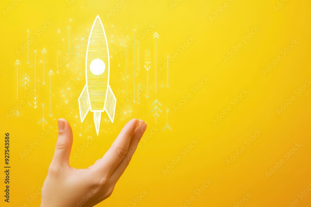 Hand holding a rocket drawing with upwards arrows symbolizing growth and success on a yellow background. Hand holding a rocket drawing with upwards arrows symbolizing growth and success on a yellow background.