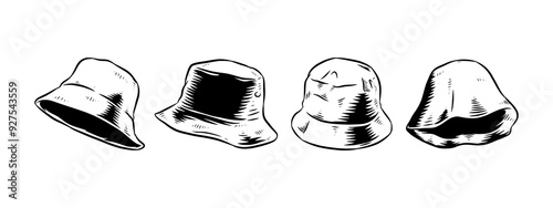 Set Hand drawn vintage engraving of bucket hat. Isolated on white background. Vector illustration.