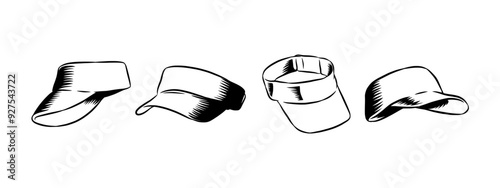 Set Hand drawn vintage engraving of visor cap, golf, tennis hat. Isolated on white background. Vector illustration.