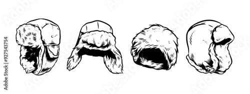 Set Hand drawn vintage engraving of winter trapper hat, earflaps, ushanka. Isolated on white background. Vector illustration.