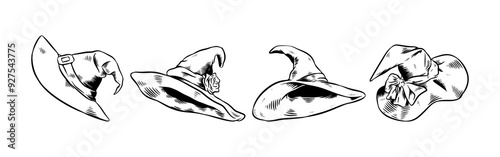 Set Hand drawn vintage engraving of witch hat, wizard hat. Isolated on white background. Vector illustration.