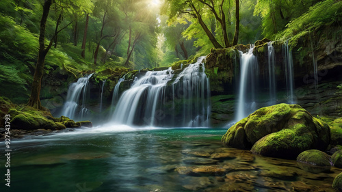 background view of a waterfall in the middle of a beautiful forest