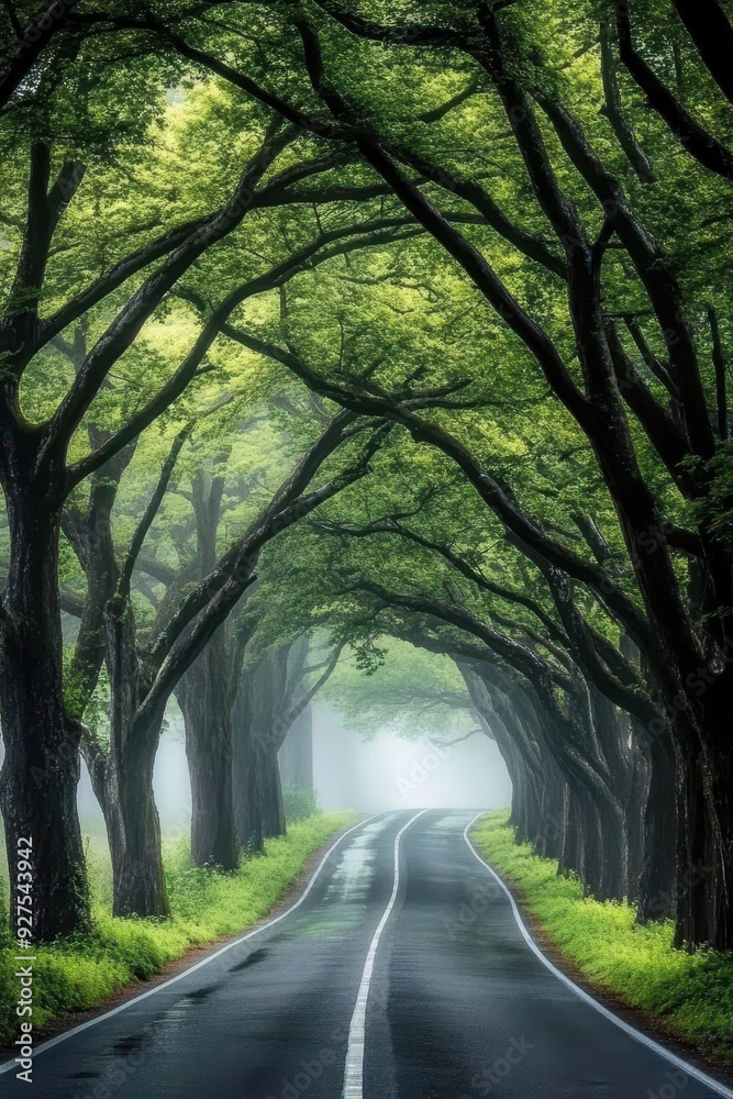 Fototapeta premium A winding road framed by towering trees with lush green leaves forming a natural tunnel over the peaceful path.