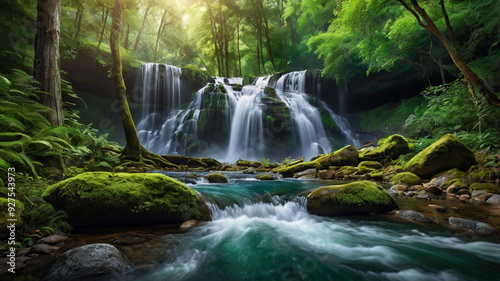 background view of a waterfall in the middle of a beautiful forest