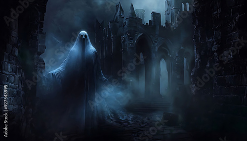 Ghostly figure in the dark with an ancient castle, mysterious and supernatural scene