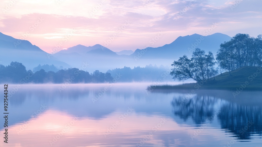 Fototapeta premium Serene Lake at Dawn with Mist - Breathtaking Photography