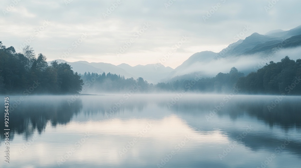 Fototapeta premium Serene Lake at Dawn with Mist - Stunning Landscape Photography 1