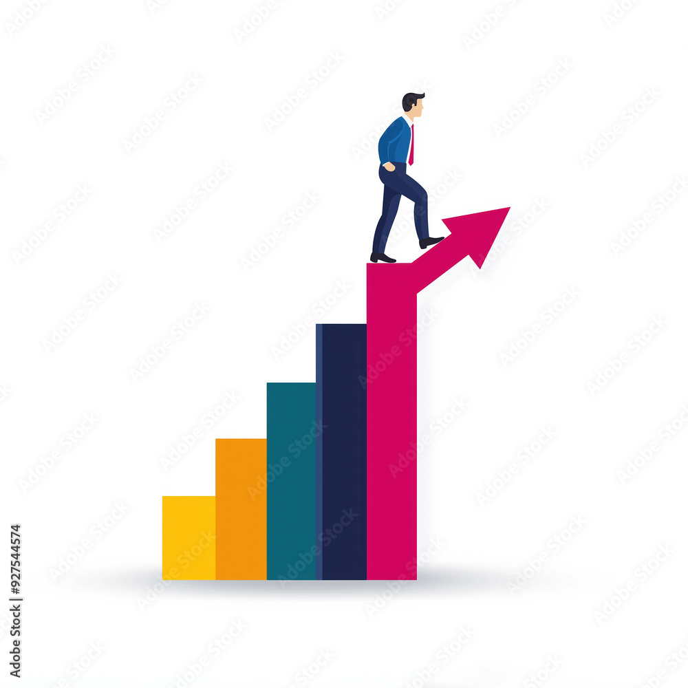 A businessman climbing a colorful bar graph with an upward arrow, symbolizing growth, success, and progress in business or career. A businessman climbing a colorful bar graph with an upward arrow, symbolizing growth, success, and progress in business or career.