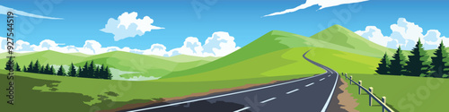 Curvy road on the hill. Asphalt road leading to the destination ahead. Rolling hills and green fields. forests and fog in the valley. Vector or Illustration transport and nature background for banner.