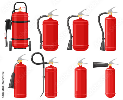 Set of red extinguishers isolated on white background: different types of handle extinguishers, water, carbon dioxide, foam, powder and wet chemicals. Flat design vector illustration