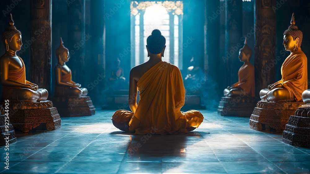 Silhouetted Buddha Statue in Buddhist Temple Sanctuary Silhouetted Buddha Statue in Buddhist Temple Sanctuary