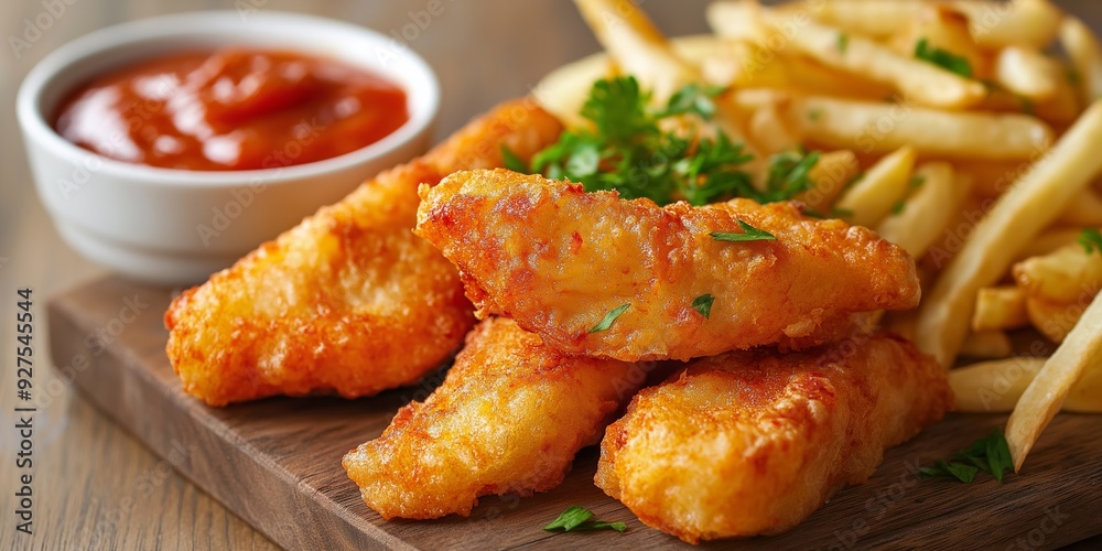 Crispy fried fish and golden fries served with a tangy dipping sauce, garnished with fresh parsley for flavor. Crispy fried fish and golden fries served with a tangy dipping sauce, garnished with fresh parsley for flavor.