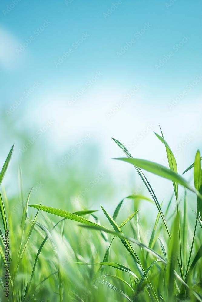 Obraz premium A fresh and serene close-up of green grass blades standing tall against a clear blue sky, invoking calmness and renewal.