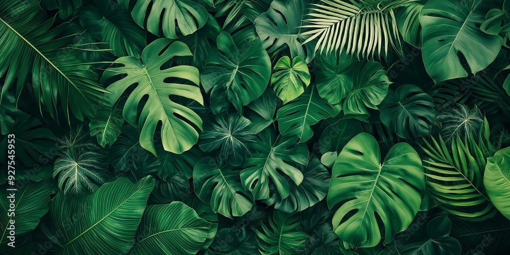 A vibrant and lush arrangement of green tropical leaves creating a dense and intricate natural pattern. A vibrant and lush arrangement of green tropical leaves creating a dense and intricate natural pattern.