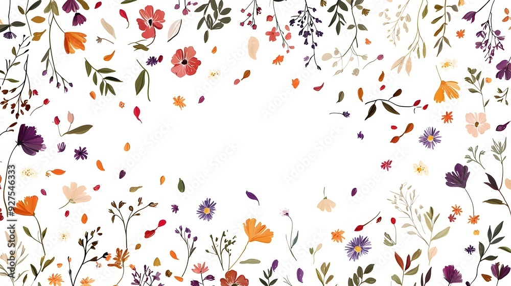 Vibrant Floral Background with Blooming Flowers and Leaves Vibrant Floral Background with Blooming Flowers and Leaves
