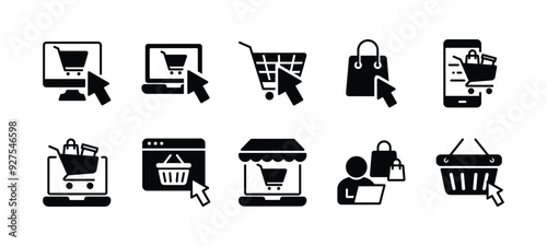 Online shop business icon set. Containing shopping, order, buy, purchase, bought, sale, sell, store, market for e-commerce. Click bag or shopping cart on mobile device. Vector illustration