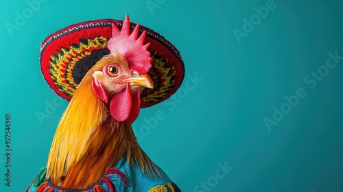 A playful image of a chicken cockerel wearing a sombrero and Mexican attire, captured in a vibrant studio setting.