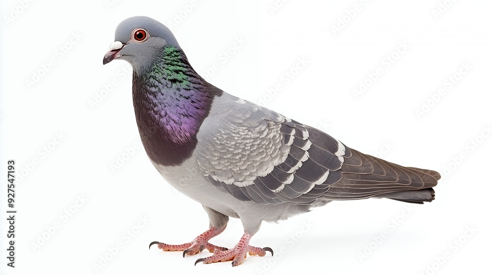 Obraz premium Rock pigeon with iridescent purple and green neck feathers standing in profile on a clean white background.