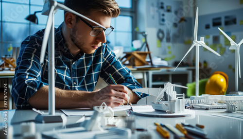 Wallpaper Mural A man is drawing a wind turbine on a white table. The wind turbine is a model and is placed on a green background Torontodigital.ca