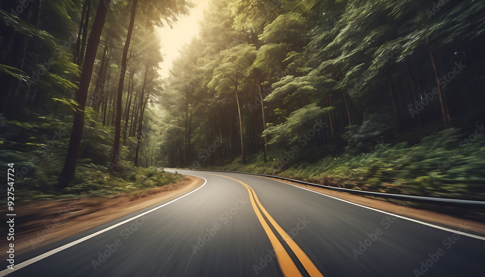 The road winds through the dense forest, drive fast The road winds through the dense forest, drive fast