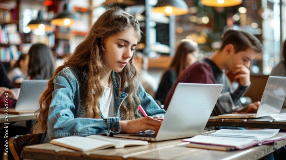 College students studying with laptops and textbooks in a coffee shop College students studying with laptops and textbooks in a coffee shop
