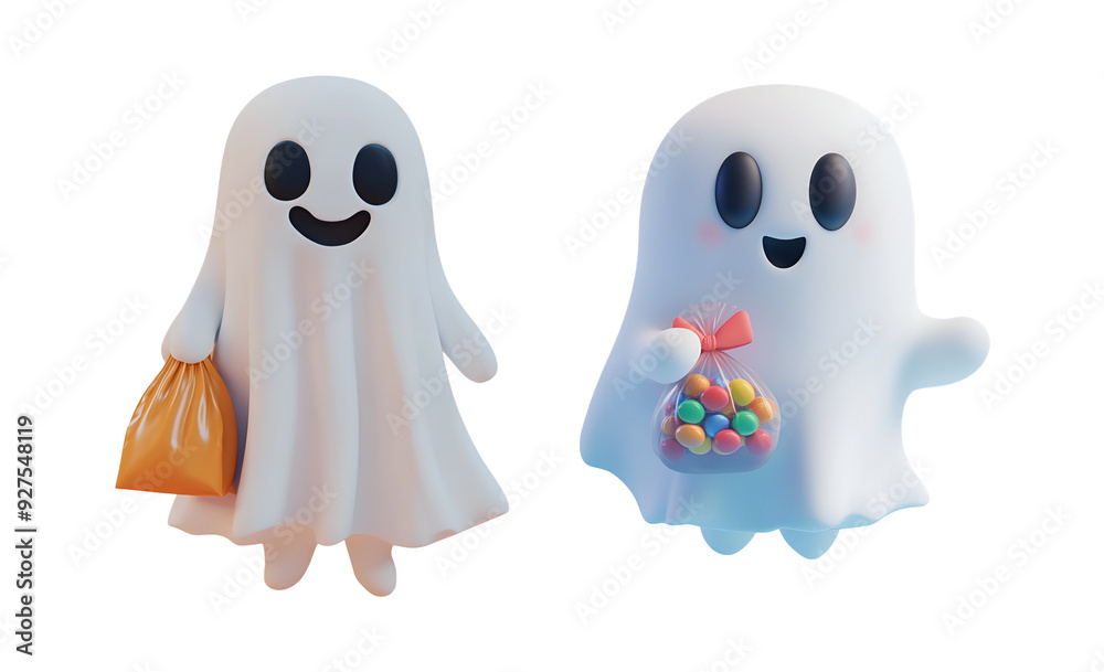 Cute 3D render of a Halloween character ghost holding a bag of Halloween candy, Isolated on Transparent Background, PNG Cute 3D render of a Halloween character ghost holding a bag of Halloween candy, Isolated on Transparent Background, PNG