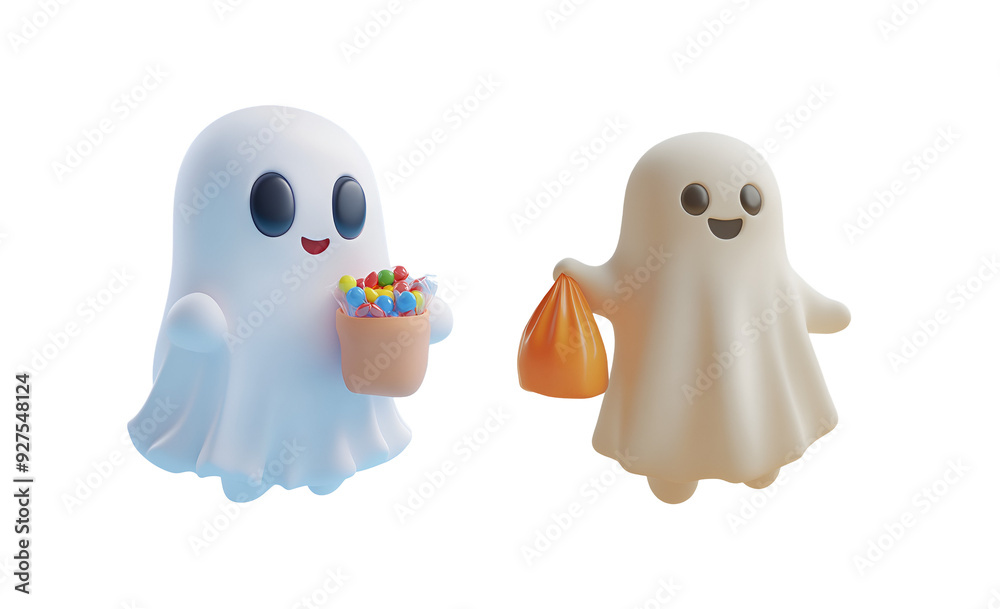 Ghost holding a Halloween candy bag in a cute 3D render Halloween character, Isolated on Transparent Background, PNG Ghost holding a Halloween candy bag in a cute 3D render Halloween character, Isolated on Transparent Background, PNG