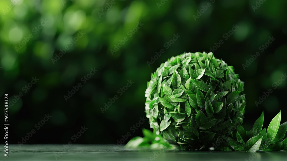 A decorative sphere made of lush green leaves, symbolizing nature, growth, and environmental sustainability. A decorative sphere made of lush green leaves, symbolizing nature, growth, and environmental sustainability.