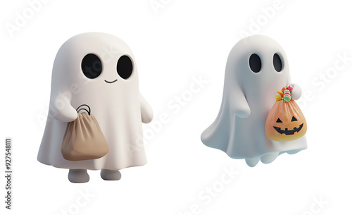 Halloween candy bag held by a ghost in a cute 3D render Halloween character, Isolated on Transparent Background, PNG photo