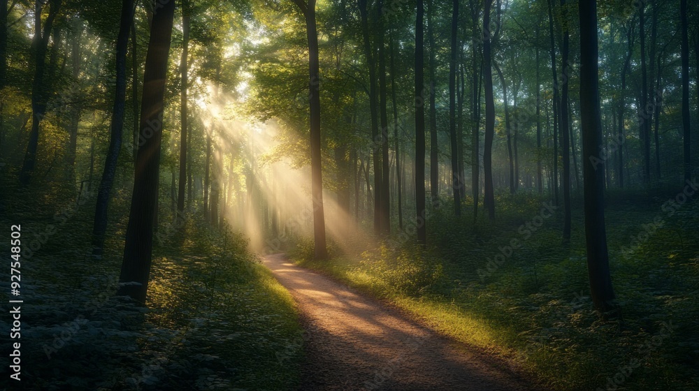 Fototapeta premium Serene Forest with Majestic Trees - Stock Photo e006716a-5d22-43ea-8672-eea52524f01f