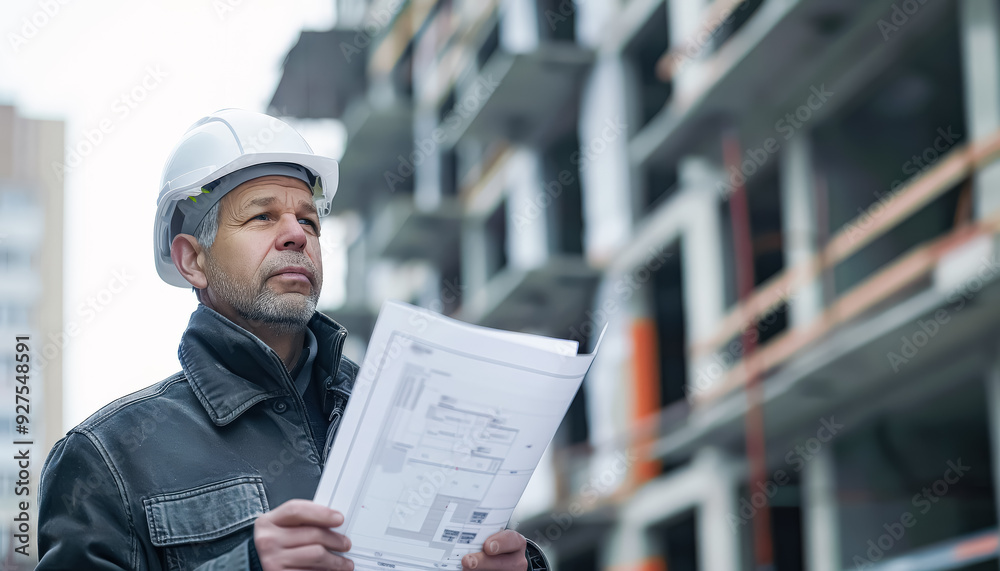 A man wearing a hard hat and safety glasses is looking at a blueprint. Concept of focus and determination as the man studies the plans A man wearing a hard hat and safety glasses is looking at a blueprint. Concept of focus and determination as the man studies the plans