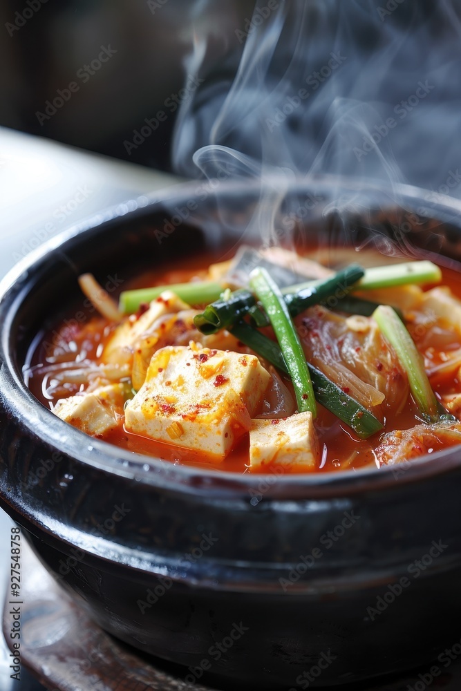 Spicy Korean Kimchi Stew with Tofu, Pork, and Vegetables - Delicious Korean Cuisine Commercial Concept Spicy Korean Kimchi Stew with Tofu, Pork, and Vegetables - Delicious Korean Cuisine Commercial Concept