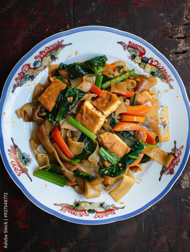 A Tempting Plate of Thai Pad See Ew Featuring Colorful Stir-Fried Noodles, Vegetables, and Tofu Perfect for Thai Cuisine Advertisement A Tempting Plate of Thai Pad See Ew Featuring Colorful Stir-Fried Noodles, Vegetables, and Tofu Perfect for Thai Cuisine Advertisement