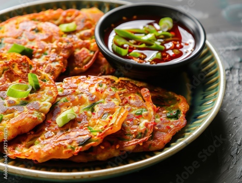 Crispy and Colorful Korean Kimchi Pancakes with Dipping Sauce - Ideal for Promoting Korean Cuisine