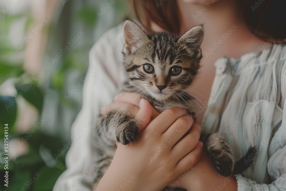 woman holding a cute grey kitten in her hands, wearing a white and black striped shirt in a modern interior with daylight and soft light illuminating pastel color woman holding a cute grey kitten in her hands, wearing a white and black striped shirt in a modern interior with daylight and soft light illuminating pastel color